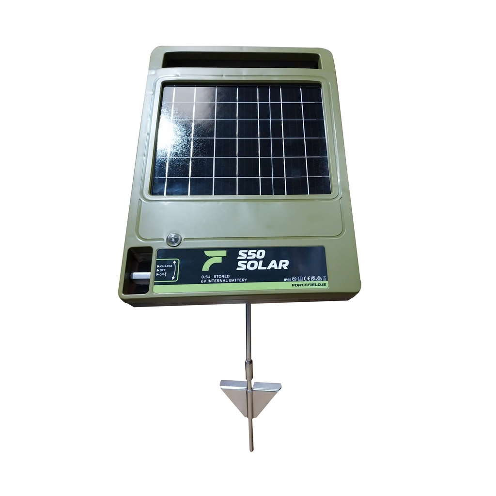Forcefield S50 Solar Electric Fence Energiser, rear view on earth stand